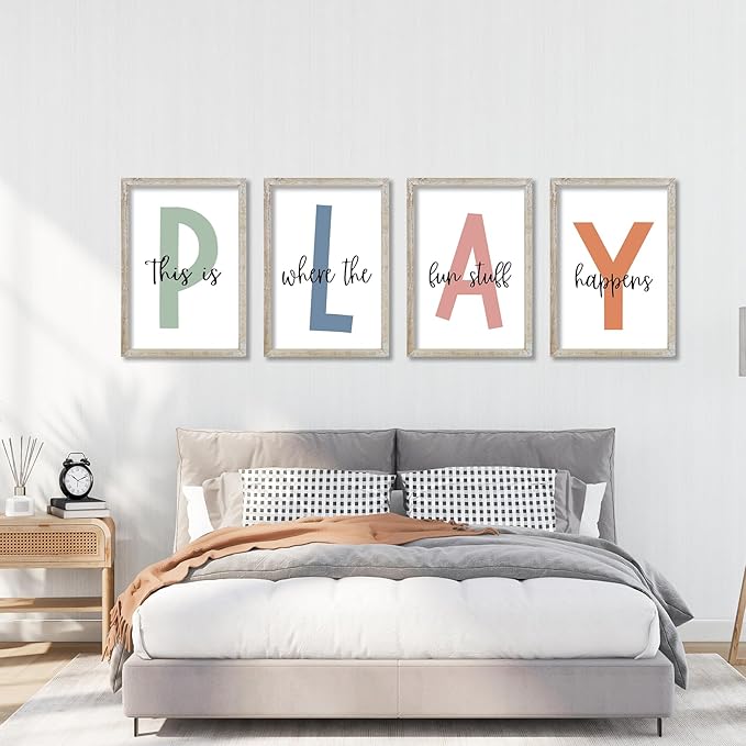 This Is Where The Fun Stuff Happens Kids Playroom Wall Art Decor 16x24 Inch Set Of 4 Rustic Kids Wood Framed Sign Toddler Modren Nursery Interesting Let's Play Prints Wall Hanging (White)