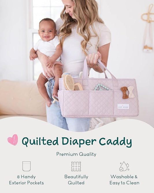 Lily Miles Baby Diaper Caddy Organizer, Quilted Nursery Storage Organizer for Newborn Essentials and Diaper Changing Station, Gift for Baby Shower and Registry Must-Have (Rosy Lilac)