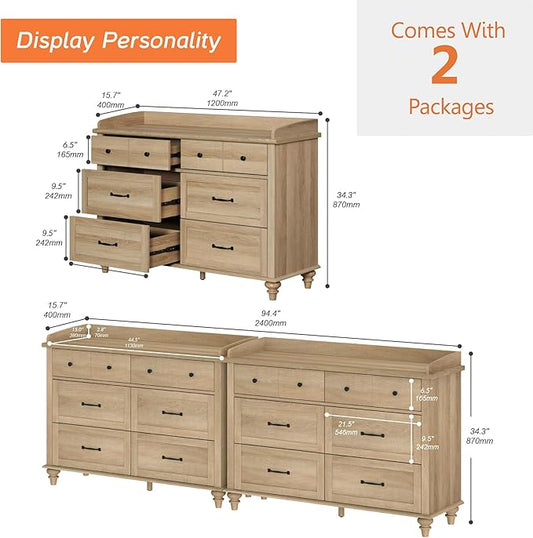 WAMPAT 2-in-1 Baby Dresser with 12 Drawers for Kids Dresser, Farmhouse Wooden Double Dressers for Bedroom, Oak 6 Drawer Dressers Set Organizer for Children’s Bedroom, Nursery Furniture