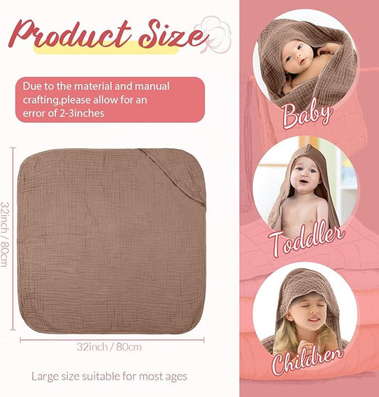 VitalCozy 6 Pcs Baby Muslin Hooded Bath Towels and Washcloths Muslin Cotton Hooded Baby Towels Absorbent Blankets for Gift Newborn Infant Shower (32 x 32 Inch,Light Bean Paste,Rose Pink)