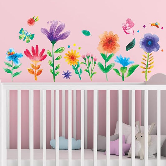 Amimagen Watercolor Flower Wall Stickers - Kids Baby Boys Girls Toddler Garden Preschool Floral Wall Decals - Nursery Playroom Classroom Daycare Bedroom Home Wall Decor