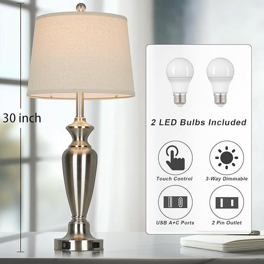 Cinyirong 30" Tall Silver Table Lamps Set of 2 for Living Room, 3-Way Dimmable Touch Control Bedside Lamps for Bedroom Nightstand with USB A+C Ports & AC Outlet (2 LED Bulbs Included)
