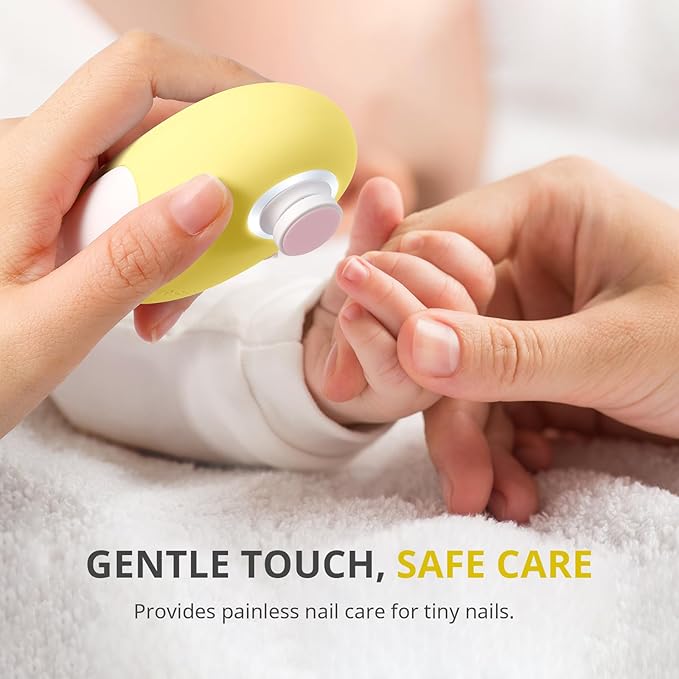 AIRSEE Premium Newborn Gift Electric Baby Nail File, Cordless Safe Nail Trimmer for Infant, 6 Replacement Heads with Magnetic Storage Case, 360° Light, Baby Clipper, Christmas, Soft Yellow