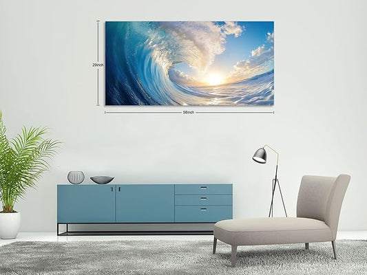 KUNHAAH Wall Art Canvas Painting Ocean Sunset Wave Clear Water 1 Piece Huge Waves Picture Poster Print Framed and Stretched Ready to Hang for Living Room Bedroom