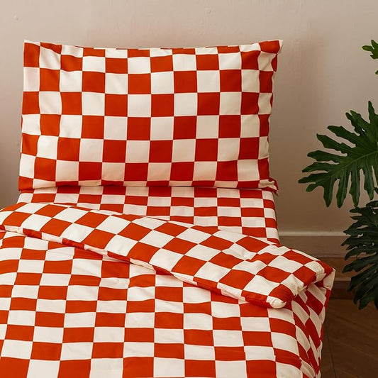KAREVER Grid Toddler Bedding Set Orange White Checkered 4 Pieces Crib Bed Set Kids Pliad Comforter Set