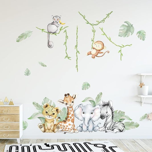 59.05x53.14 Inch Woodland Animals Wall Decals Forest Animal Wall Decal Elephant Zebra Monkey Giraffe Nursery Decor for Home Baby Room Decorations Boys Girls Bedroom