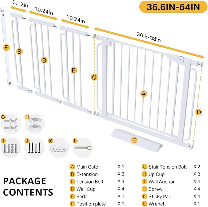 Cumbor 36.6-64" Extra Wide Baby Gate for Stairs, Dog Gates for Doorways, Auto-Close Pet Gate Indoor, Pressure Mounted Walk Through Safety Child Gate for Kids Toddler, Tall Pet Puppy Fence Gate, White