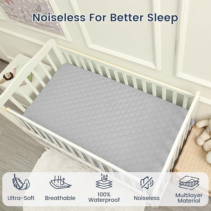 david's kids 2 Pack 52''x28'' Waterproof Crib Mattress Protector Pad Cover Stretch up to 8", Fitted Standard Crib and Toddler Mattresses, Soft and Breathable for Boys Girls, Grey & Sage Green