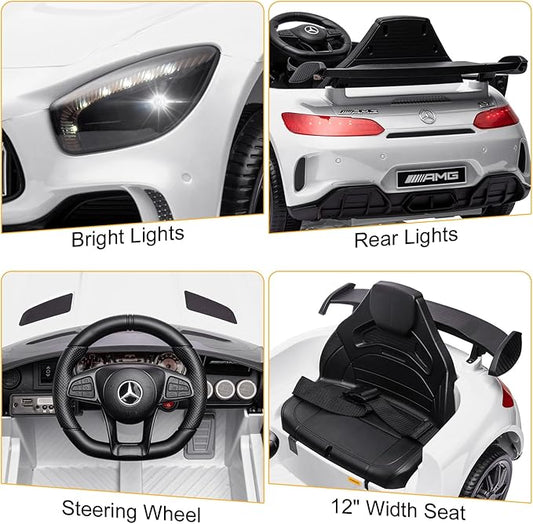 Winado 12V Ride on Car, Licensed Mercedes Benz AMG GTR Battery Powered Electric Vehicle, w/Parent Remote, Wider Seat, LED Lights, Openable Doors, MP3 Player, Smooth Start, 3 Speeds - White