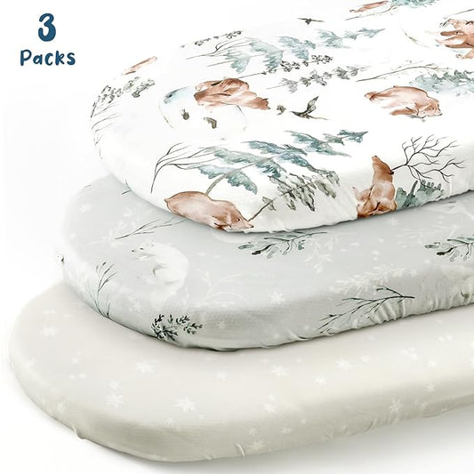 GRSSDER Stretchy Ultra Soft Fitted Bassinet Sheet Set 3 Pack, Universal Fit for Bassinets Baby Cradle Moses Basket Oval Rectangle Mattress Safe and Snug, Stylish Pattren of Bear and Wolf Print