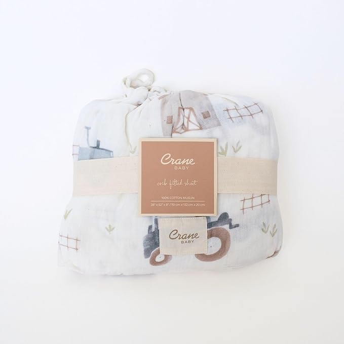 Crane Baby Charlie Farmhouse Tractor Crib Fitted Sheet, 100% Cotton Baby Bed Sheets, Farm Nursery Decor, Crib Sheets for Boys, Baby Registry Gift, Tractor Nursery Decor