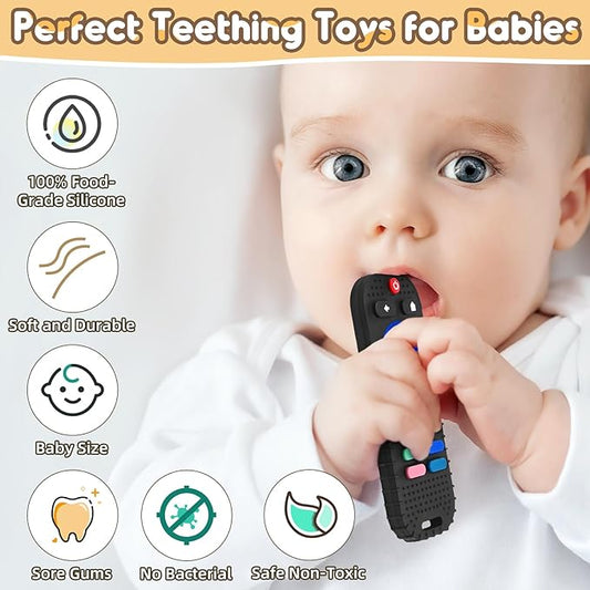 AiTuiTui Teething Relief Teethers Toys for Babies 3 6 9 12 Months Gifts, Silicone Sensory Remote Control Baby Teether Toy for Babies Newborn Infant Boy Girl Autism Toys, Blue & Black