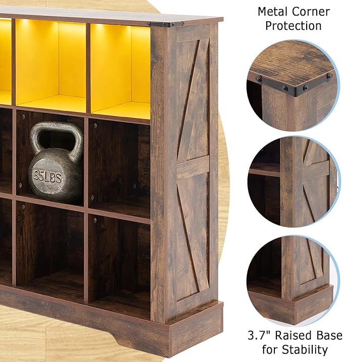Puntogen 9 Cube Storage Organizer, Wood Cube Bookshelf with LED Lights, Horizontal Storage Cubes, Kids Bookshelf, Display Cabinet Cubby Shelf for Living Room Home Office Bedroom,Brown