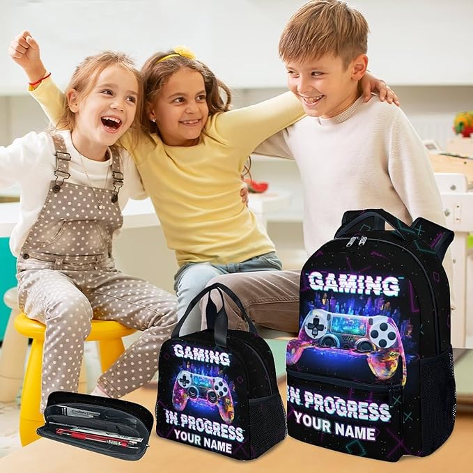 COZYAURA Personalized Backpacks for Boys - 3Pcs Video Gaming Bookbag for Kids - Gamer School Bag for Boys - Kids Backpacks with Lunch Box Pencil Case Set