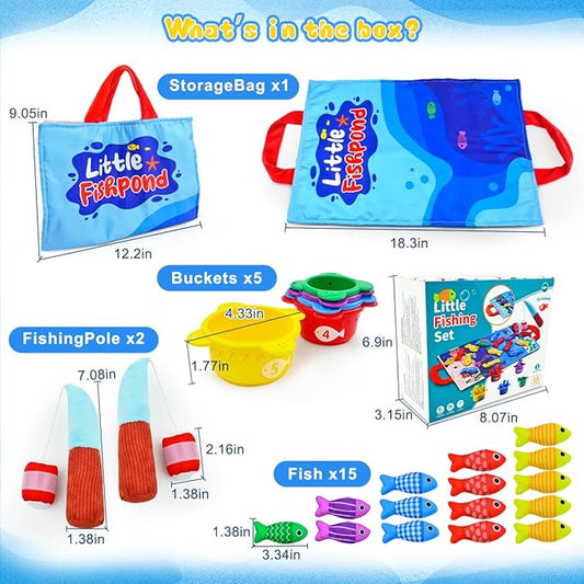 Montessori Toys for 1+ Year Old – 23 PCS Fishing Game with 2 Poles & 15 Fish, 10-in-1 Cloth Fishing Toys for Counting, Color & Shape Learning, Toys for 1 2 3 Year Old Boys Girls Gifts