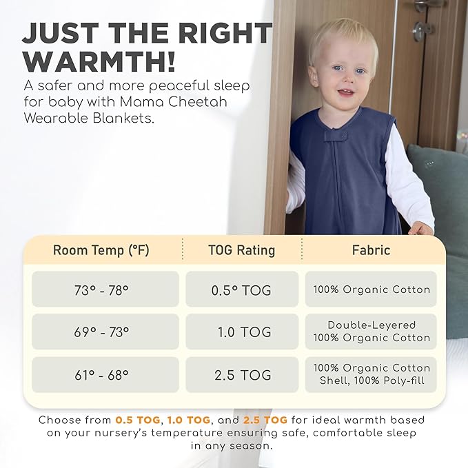 Mama Cheetah Toddler Sleep Sack with Feet 4T-5T, 0.5 TOG Organic Cotton Baby Wearable Blankets with Legs, Baby Sleeping Bag for Walkers, Early Walker X-Large