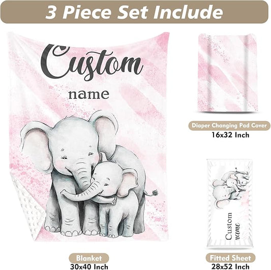 Custom Name Crib Bedding Set 3-Piece – Pink Elephant Design Baby Bedding Set with Personalized Soft Blanket, Fitted Sheet, Changing Pad Cover – Ideal Newborn Gift for Boys and Girls