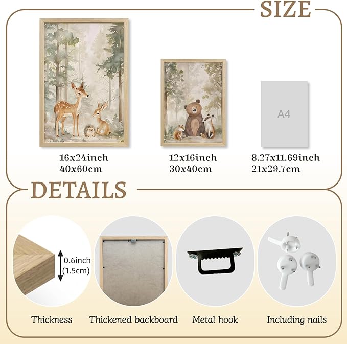 LLEEMPI Woodland Nursery Wall Decor Set of 3, Cute Forest Animal Wall Art, Bear Fox Deer Watercolor Canvas Prints, Vintage Nature Poster Prints for Kids Bedroom Bathroom Playroom Wood Framed 16x24 Inch