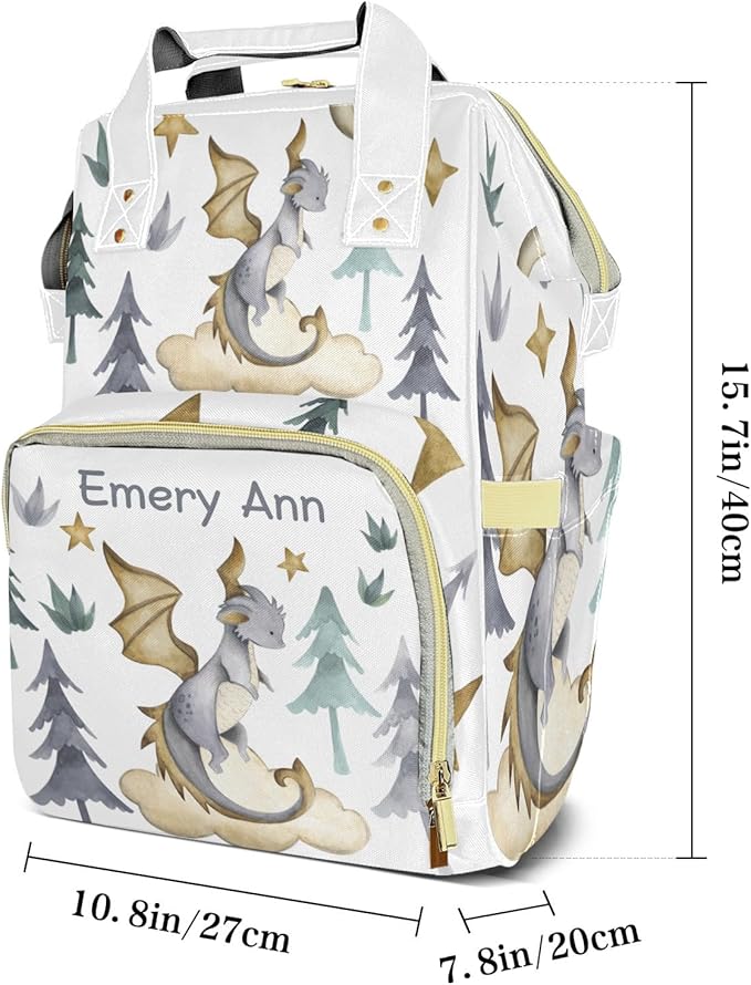 Personalized Cute Dragon Watercolor Custom with Name Diaper Bag Backpack For Baby Boy Girl Dad Mom Unisex for Adult Daypack Holiday Gift