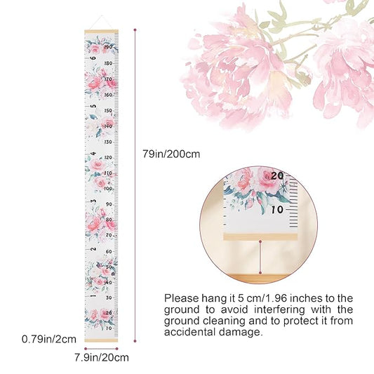 BESSLEE Canvas Kids Growth Chart for Wall, Floral Height Measurement Tracker for Baby Girl, Hanging Ruler with Removable Hook, Nursery Room Playroom Toddler Bedroom Decor, 79”x7.9” Pink