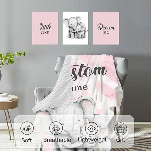 Custom Baby Crib Bedding Set,Personalized Name Pink Elephant Pattern Nursery Bed Set 4 Piece,Baby Blanket Fitted Sheet Nursery Rug Wall Art Set,Custom Room Decor Idea Gift for Newborns Boys Girls