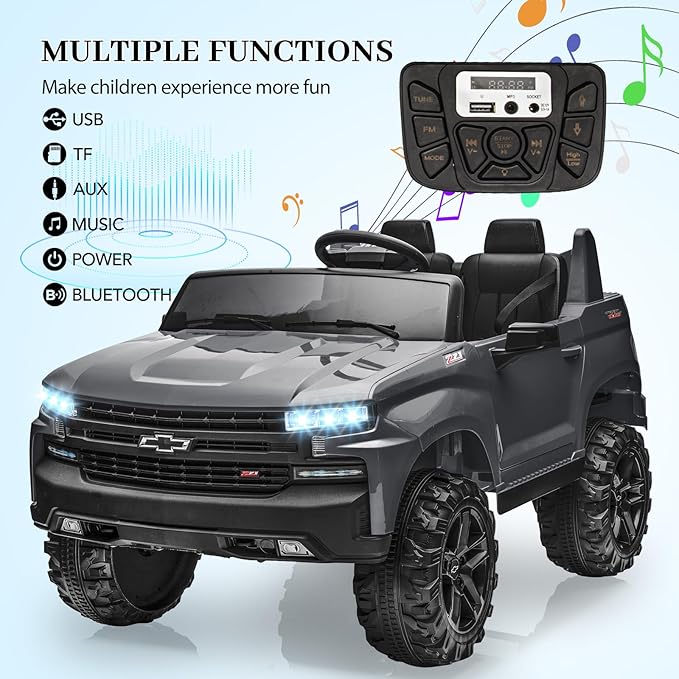 GarveeLife 24V 2-Seater Truck Licensed Chevrolet Silverado Ride On Car Kids Toy, Electric Vehicle Car for Toddlers with Parent Remote Control, Gray