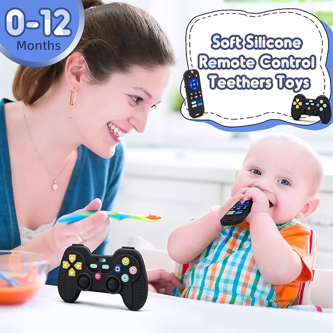 Baby Teething Toys for 3-6-12 Months, Silicone Sensory Teether Remote & Game Controller, BPA-Free Infant Teething Relief Toy for Newborn Boys Girls, Soothing Autism Gift for Birthday or Christmas