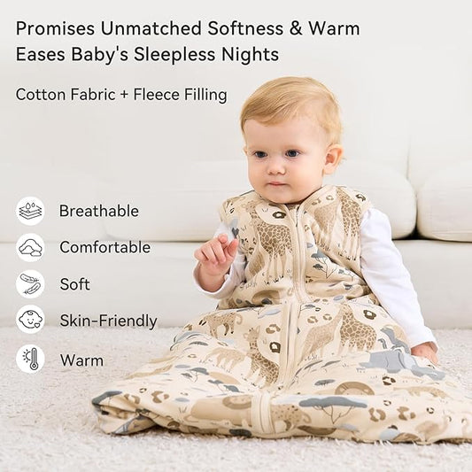 Baby Sleep Sack 0-6 Months TOG 2.5 Winter Baby Wearable Blanket, 100% Cotton Toddler Sleeping Sack with 2-Way Zipper Warm Soft Apricot Zebra
