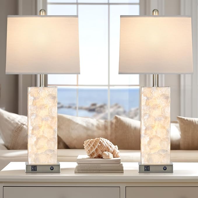luxeflow 28" Coastal Table Lamps for Living Room Set of 2, Bedside Lamps with Night Light, USB A+C Ports, Modern Sea Shell Bedside Night Stands Light for Beachy Cottage Decor (Silver)