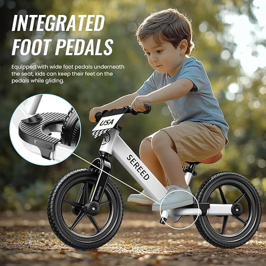 SEREED Toddler Balance Bike 2 Year Old, No Pedal Kids Bicycle Toys for 2-5 Years Old, Tool-Free Adjustment, Customize Plate with Stickers, Gift for 2-3 Boys Girls (White)