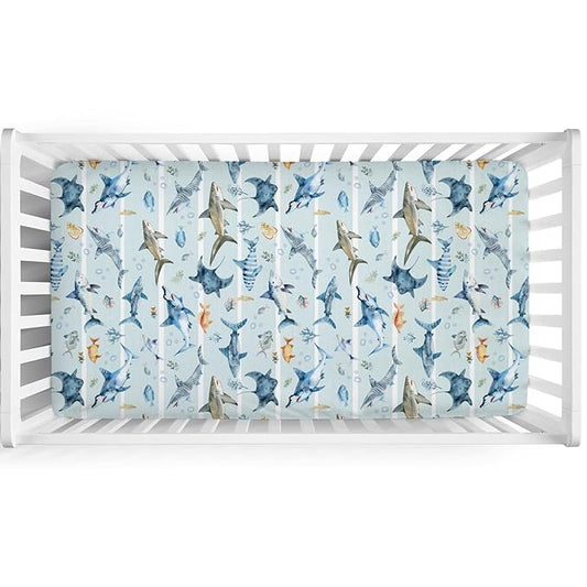 Blue Sharks Baby Crib Sheets 52''x28'' Sea Animals Sharks Stripes Snug Fitted Crib Mattress Cover for Boy Girl Ocean Fishes Corals Nautical Life Baby Bed Sheet for Standard Crib and Toddler Mattress