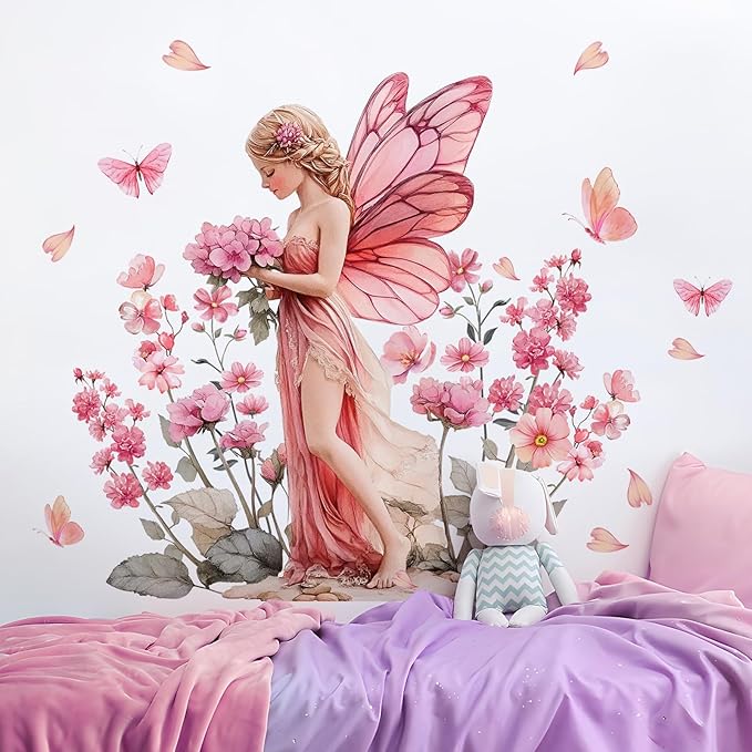 DRWSSR Removable Cartoon Pink Butterfly Elf Girl Decals Fairy Wall Decals DIY Pink Flowers Green Leaf Wall Stickers Peel and Stick for Girls Room Nursery Living Room Bedroom Bathroom Playroom Decor