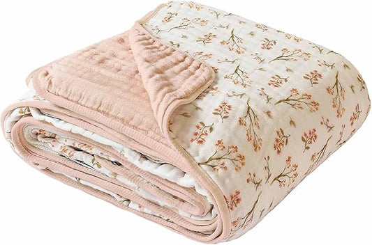 Pack of 2 Ultra Soft Muslin Baby Blankets for Girls Boys Breathable Lightwight Cotton Muslin Swaddle Blankets for Infant Toddler Newborn Nursery Swaddling Wrap 43"X43" (Floral and Pink)