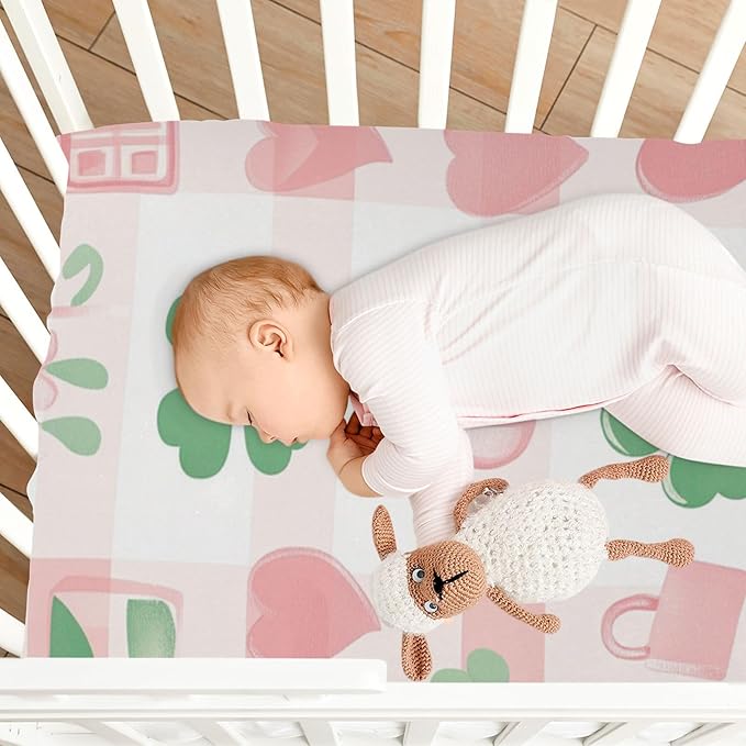 Pink Plaid St Patricks Day Clovers Hearts Crib Sheets Standard Crib Toddler Mattresses Cover Fitted Baby Bed Sheet Breathable Crib Mattress Sheet for Girls Boys 39''x27''x9''