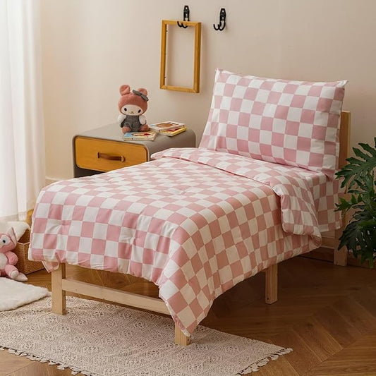 CLOTHKNOW Plaid Toddler Bedding Sets for Grils, 4 Pieces Pink White Grid Checkerboard Pattern, Soft Crib Bed Set Including Comforter, Flat Sheet, Fitted Sheet and Pillowcase, Pink White