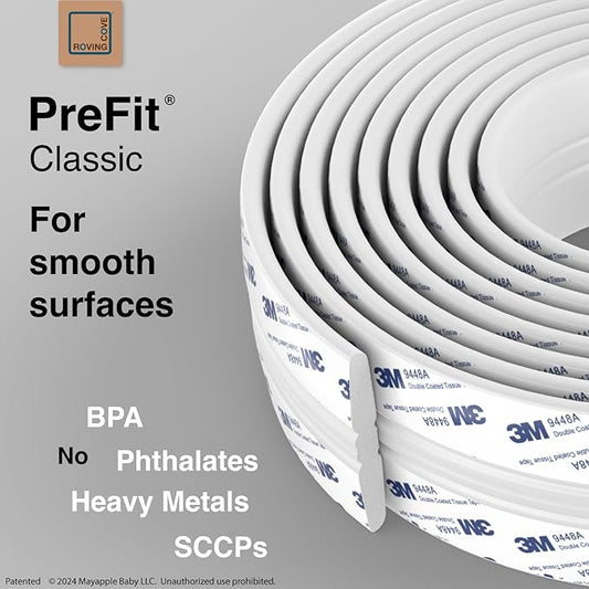 Roving Cove PreFit (Classic) Furniture Edge Corner Protector (Standard 15ft Edge 4 Corners), Baby Proofing Bumper Guards, Oyster White (Off White), Pre-Taped, for Straight Smooth Surfaces