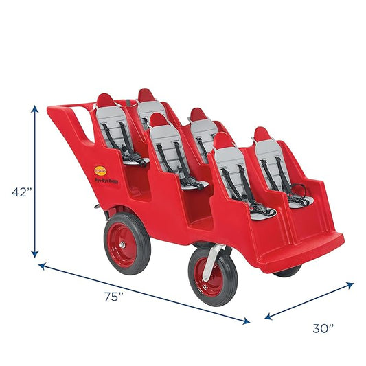 Angeles Bye Bye Buggy 6 Passenger Stroller, Sturdy Daycare Stroller with Fat Tires, Easy-to-Fasten Safety Buckles, Parking Brake, & 360 Pivoting Wheels, Red