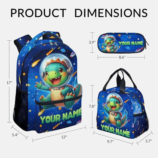 GiftoFLUX Boys Backpack- Personalized Dinosaur Backpacks with Lunch Bag - Custom Bookbag Set for Kids - Toddlers School Bag for Kindergarten/Preschool/Elementary(17 Inch)