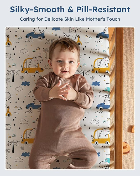 Baby Crib Sheets for Boys Girls, 28x52x8in Fitted Crib Sheet Neutral 3 Pack for Standard Crib and Toddler Mattress, Breathable Soft Microfiber Baby Sheet Grey & Blue Car