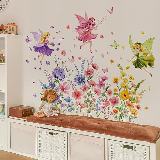 CharmFlo Fairy Wall Decals Wildflower Butterfly Wall Stickers Removable Vinyl Wall Art DIY Florals Peel and Stick for Girls Bedroom Living Room Kids Room Baby Nursery Wall Decor