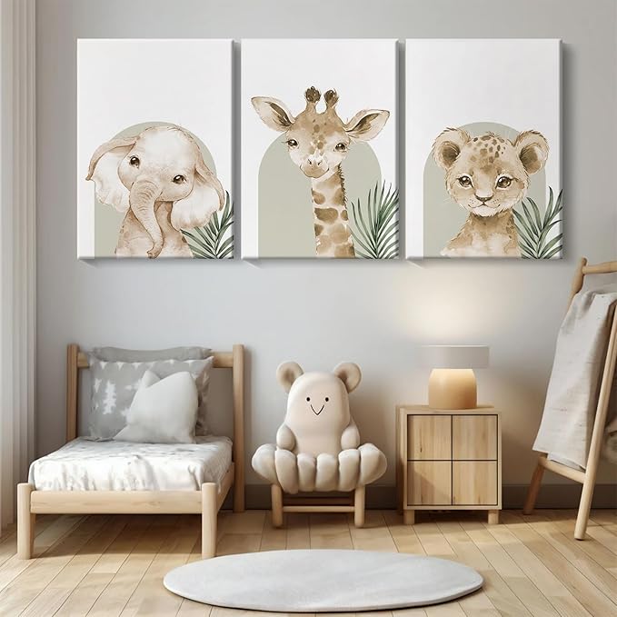 Animal Wall Art Pictures Baby Nursery Canvas Wall Art Decor Safari Animal Prints Jungle Kids Wall Art Woodland Nursery Wall Decor Giraffe Jungle Poster for Room 16x24 Inch Framed Set of 3