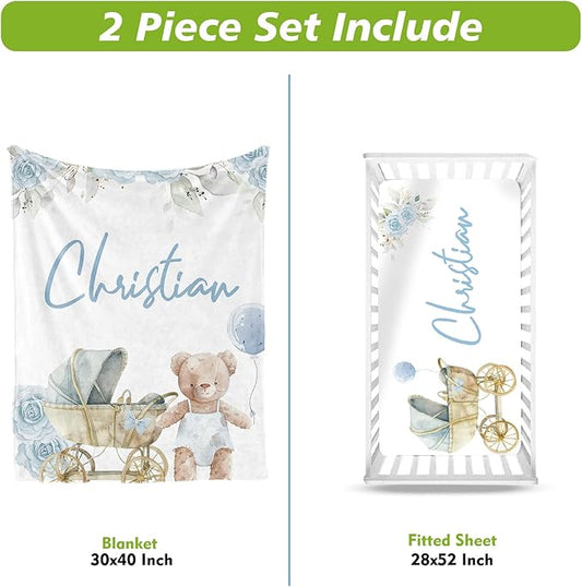 Personalized Baby Crib Bedding Set, Custom Name Bear Doll Design Baby Bedding 2-Pcs Set - Soft Double Layer Dotted Blanket and Fitted Sheet, Nursery Bedding for Newborn Boys Girls, Perfect Shower Gift