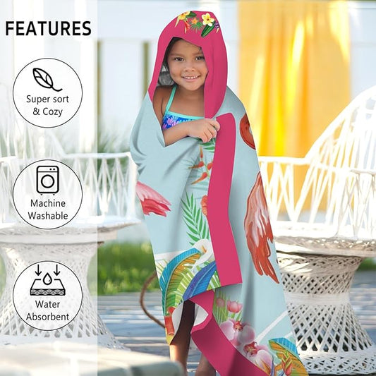 Thickened Hooded Towels for Kids Suitable Girls Boys Kids Bath Towels, 35"x60" Super Absorbent, Flamingo Cute Cartoon Toddler Towels Multi-Purpose for Beach, Pool and Bathroom