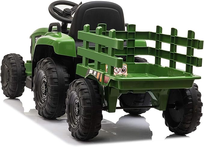 TOBBI Kids Electric Ride On Toy Tractor, Toddlers 12V Battery-Powered Car to Drive, 35W Dual Motor 6-Wheels Trailer Vehicle with 3-Speeds/LED & Horn Functions for Chirdren Aged 3-6-Dark Green