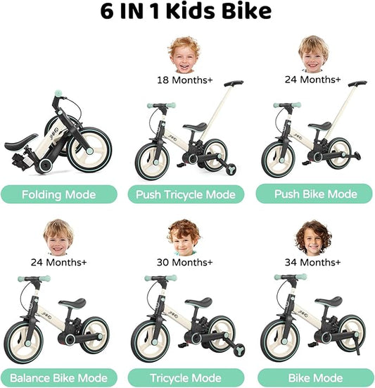 JMMD 6 in 1 Toddler Bike with Push Handle for Kids 18-60 Months, 12" Foldable Balance Bike with Training Wheels, Pedals, Brakes, Kickstand, Push Tricycle Toddler Gift & Toys for Boy & Girl