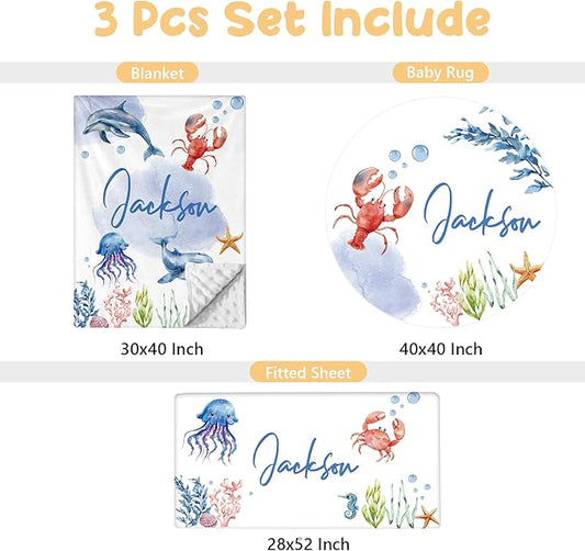 Personalized Baby Bedding Set, 3 Pcs Custom Name Crib Bedding Set for Nursery, Cute Baby Crib Set with Double Layer Blanket for Boys Girls, Customized Gifts for Toddlers Infants, Sea Animals