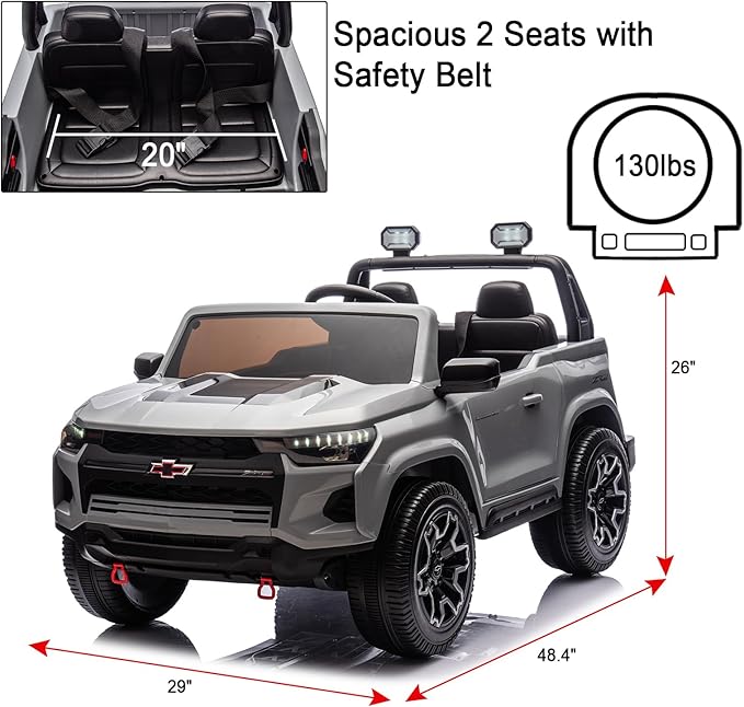 POSTACK 24V Official License Chevrolet Kids Ride On Car Side by Side 2-Seater Truck Battery Powered 4 Wheel with Remote Control Electric Car UTV Truck Car Children Toy Gifts for Boys and Girls Gray