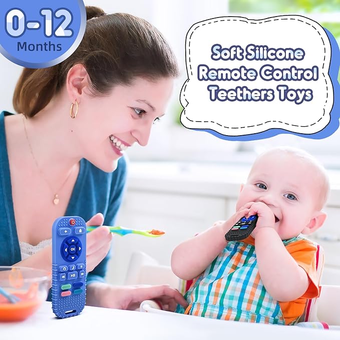 AiTuiTui Teething Relief Teethers Toys for Babies 3 6 9 12 Months Gifts, Silicone Sensory Remote Control Baby Teether Toy for Babies Newborn Infant Boy Girl Autism Toys, Blue & Black