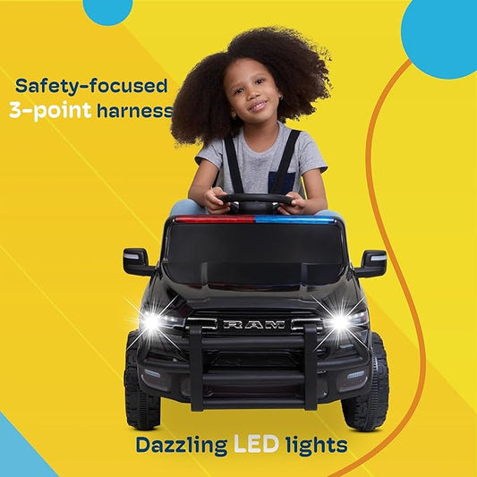 Kidzone Ride On Truck for Kids, Licensed RAM 3500 12V Battery Powered Electric Car Toy with Remote Control, LED Lights, Bluetooth Music & Rear Suspension - Black w/Police Design