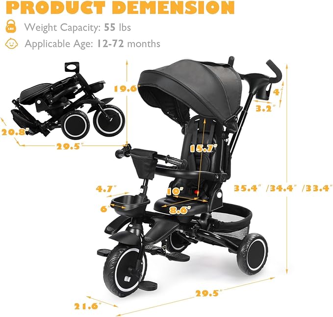 Folding Kids Tricycle, 8 in 1 Baby Trike W/Removable & Adjustable Canopy, Parent Handle, 5-Piont Safety Harness, Toddler Bike Stroller for Kids 1-6 Years, EVA Wheels, Storage Basket, Black